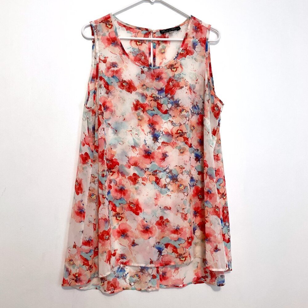 ROSE & OLIVE Plus Size Coral Blush Watercolor Floral Hi-Lo Hem Work Blouse Tank